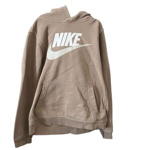 Nike Youth Large Tan Hoodie White Swoosh Logo Pullover Sweatshirt